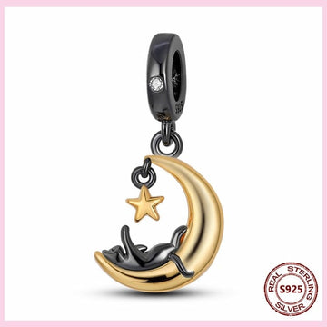 Alibaba Charms Black Cat Moon Cat Lovers Pandora Style Charm Collection Sterling Silver